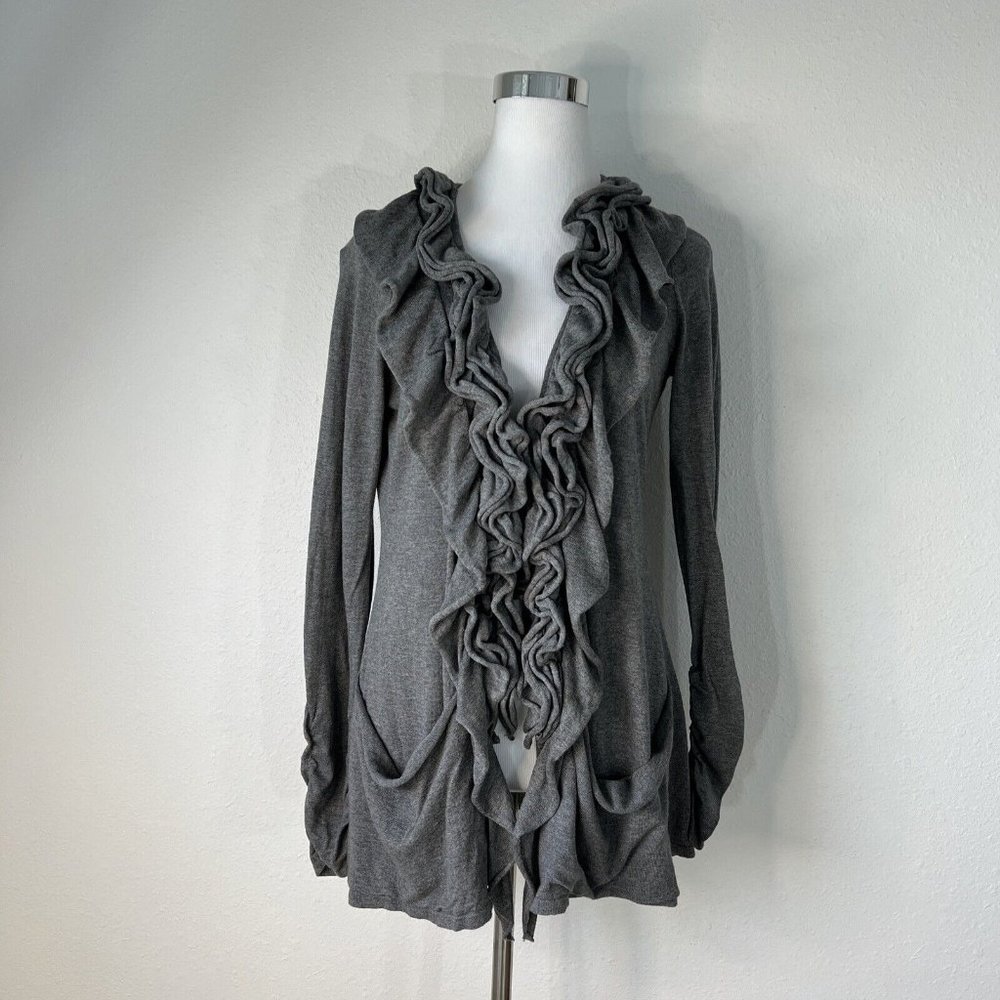Chelsea & Theodore Ladies Sweater L Gray Cardigan Long Sleeve Ruffled NWT